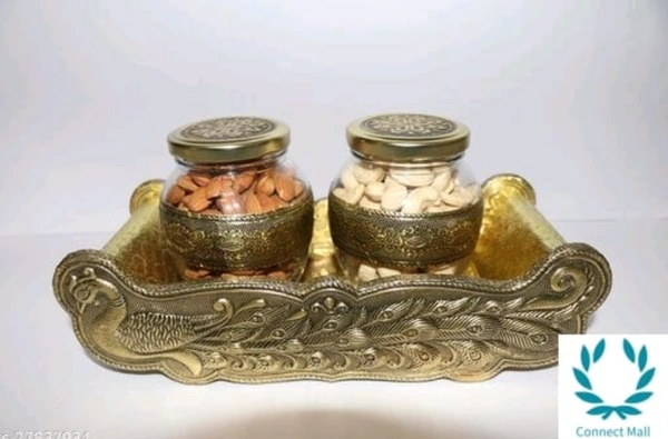 VNS Tray and  Jar Peacock Tray wooden 2. Glass Jar,Gold)  - 